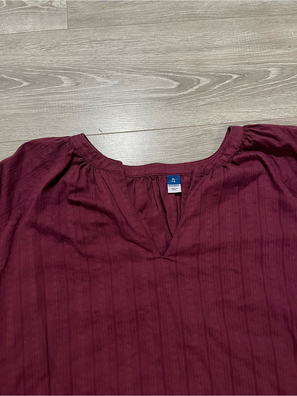 Women's Burgundy Split-Neck Peasant Blouse. 64% cotton